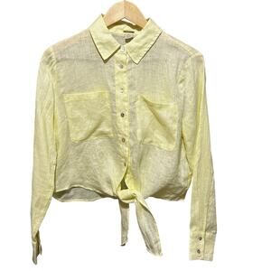 Magaschoni Women Linen Button Top Yellow S Tie Front Preppy Coastal Beach Travel